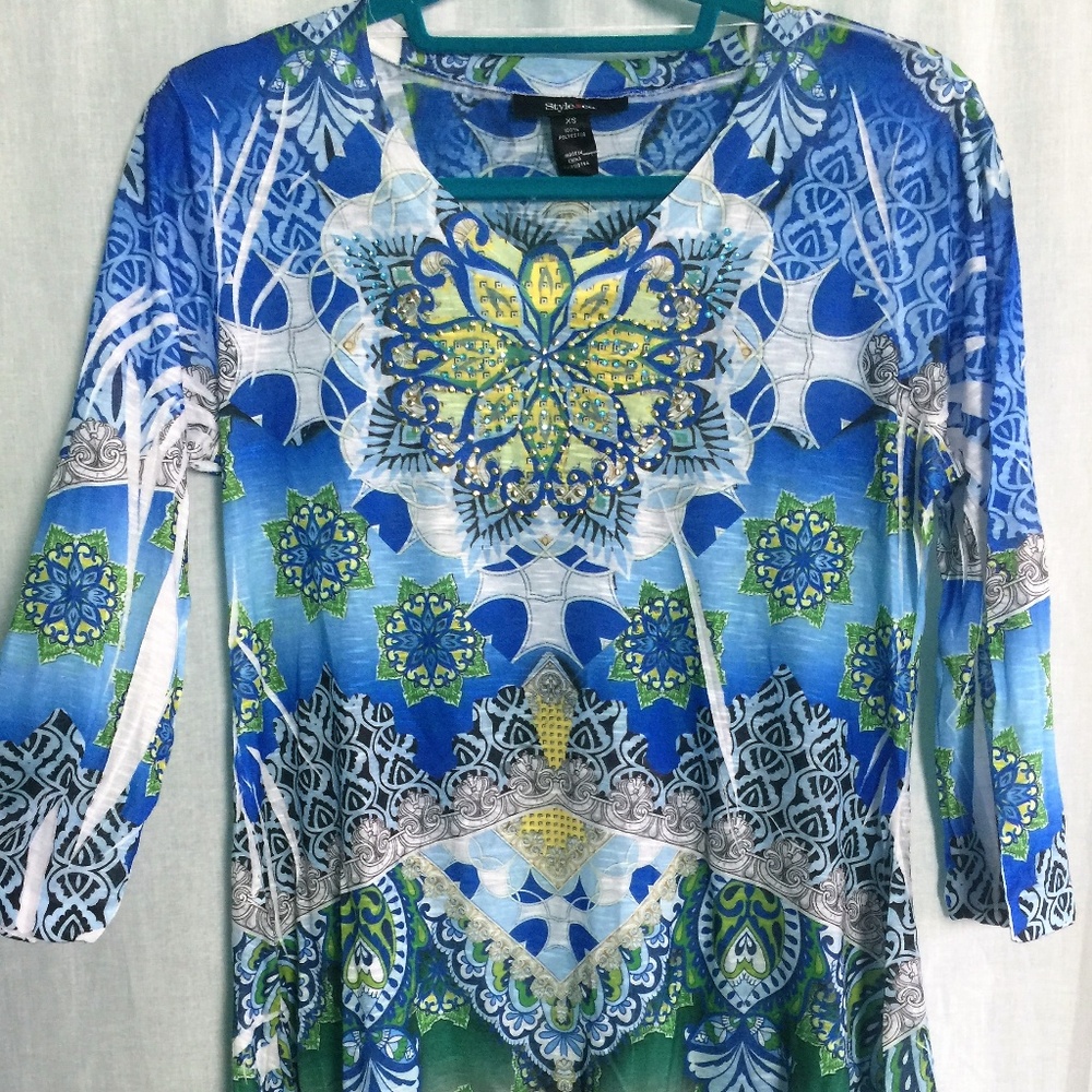 Hi-Low Shirt Rhinestone Multicolor  3/4 Sleeve Top